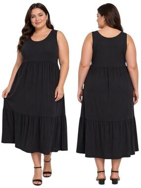 Nicole Miller Classic Plus-Size Black Ruffled Tank Midi Dress Size 2X